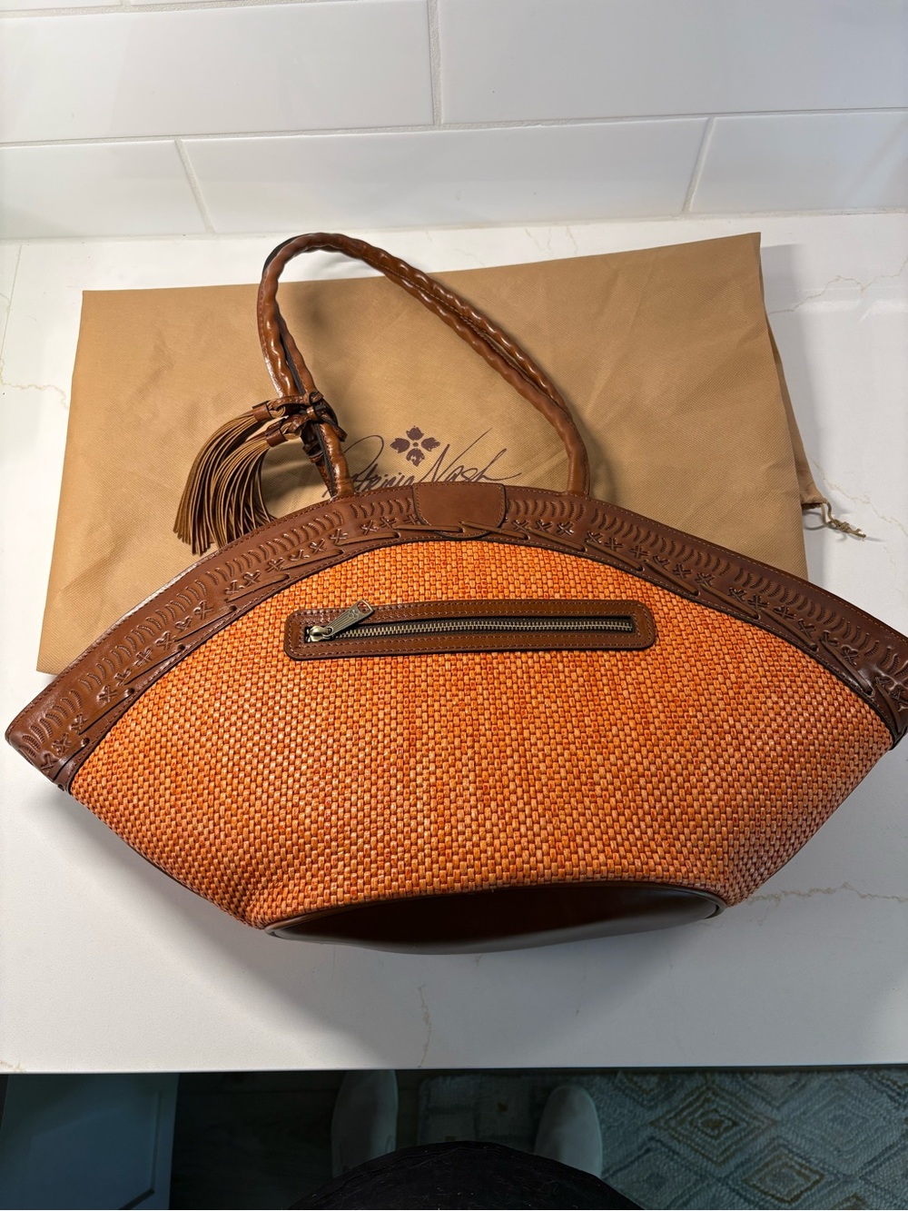 NWT Patricia Nash Perforated Leather Trope Dome Fan Tote Orange/ Coral